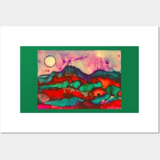 Abstract landscape painting with moon and mountains in alcohol inks Posters and Art